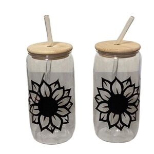 16 oz can glass drinking glass (2) with design